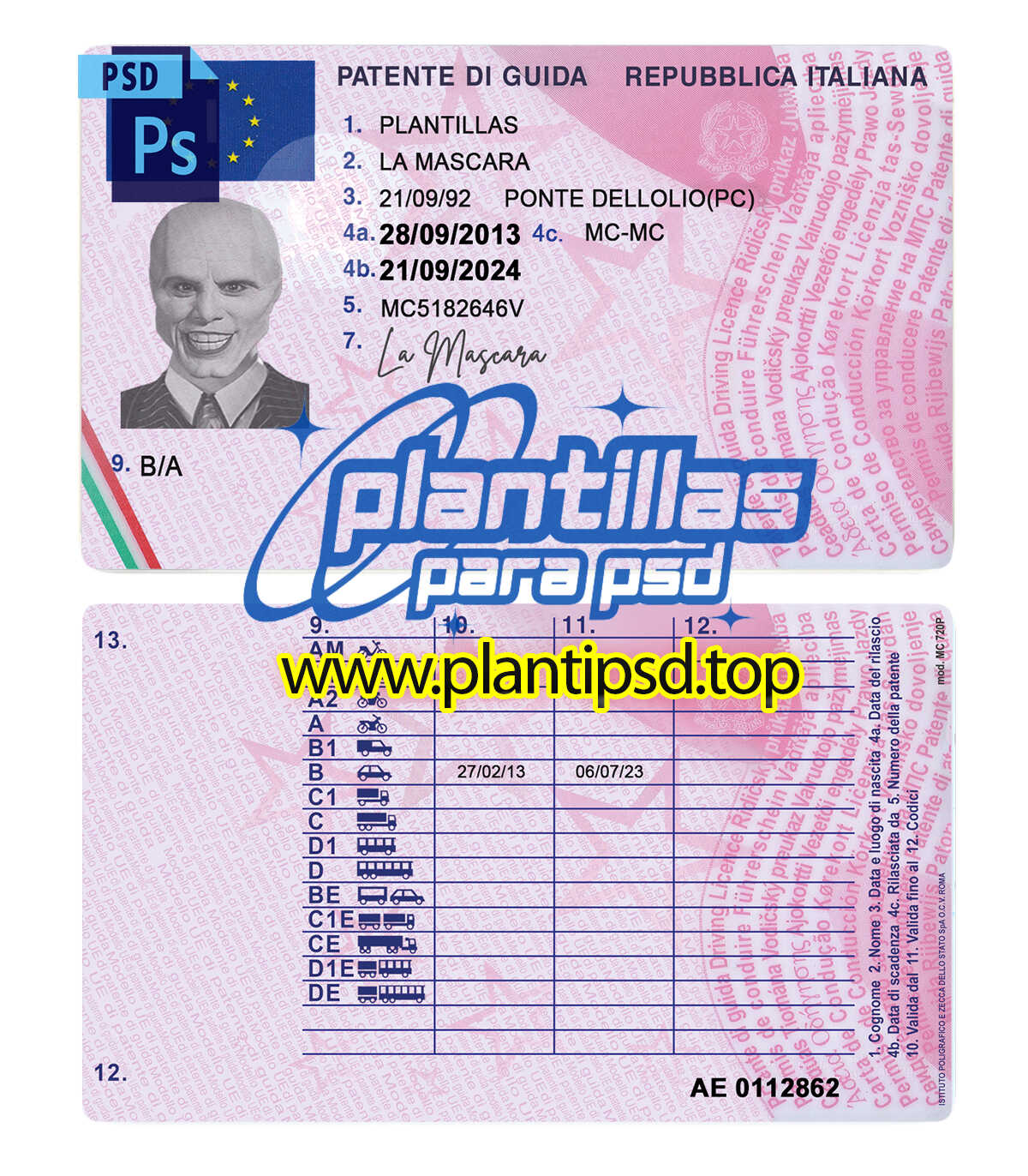 Licencia de Conducir Italiano – Plantilla Digital Editable en Photoshop
