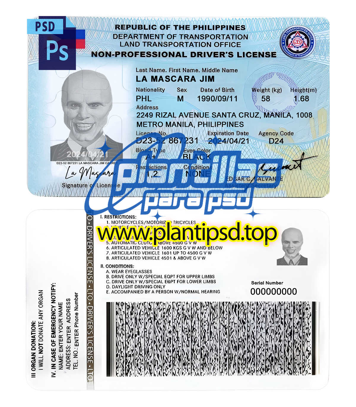 Licencia de Conducir de Filipinas – Plantilla Digital Editable en Photoshop
