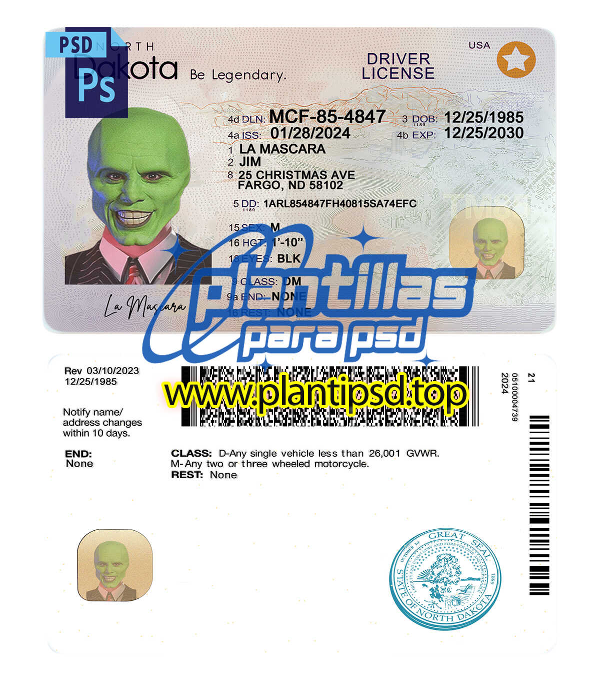 Licencia de Conducir de North Dakota Modelo 2 – Plantilla Digital Editable en Photoshop